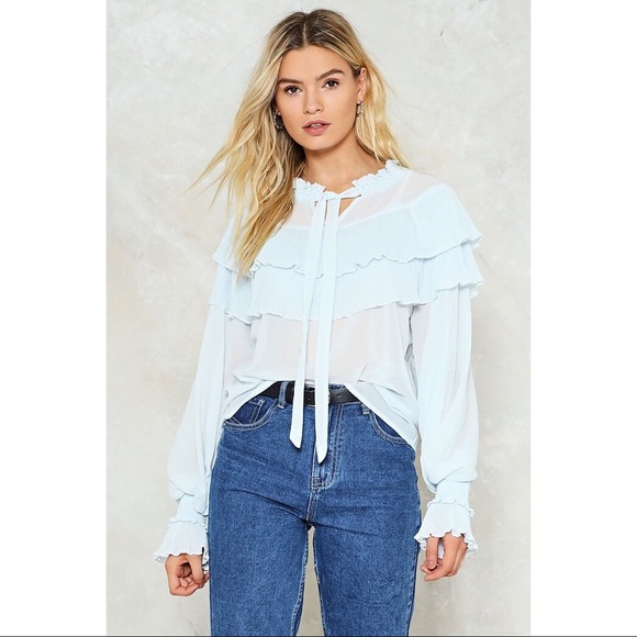 NWT Nasty Gal Blue Gravity Ties Ruffle Top Blouse - Picture 5 of 12